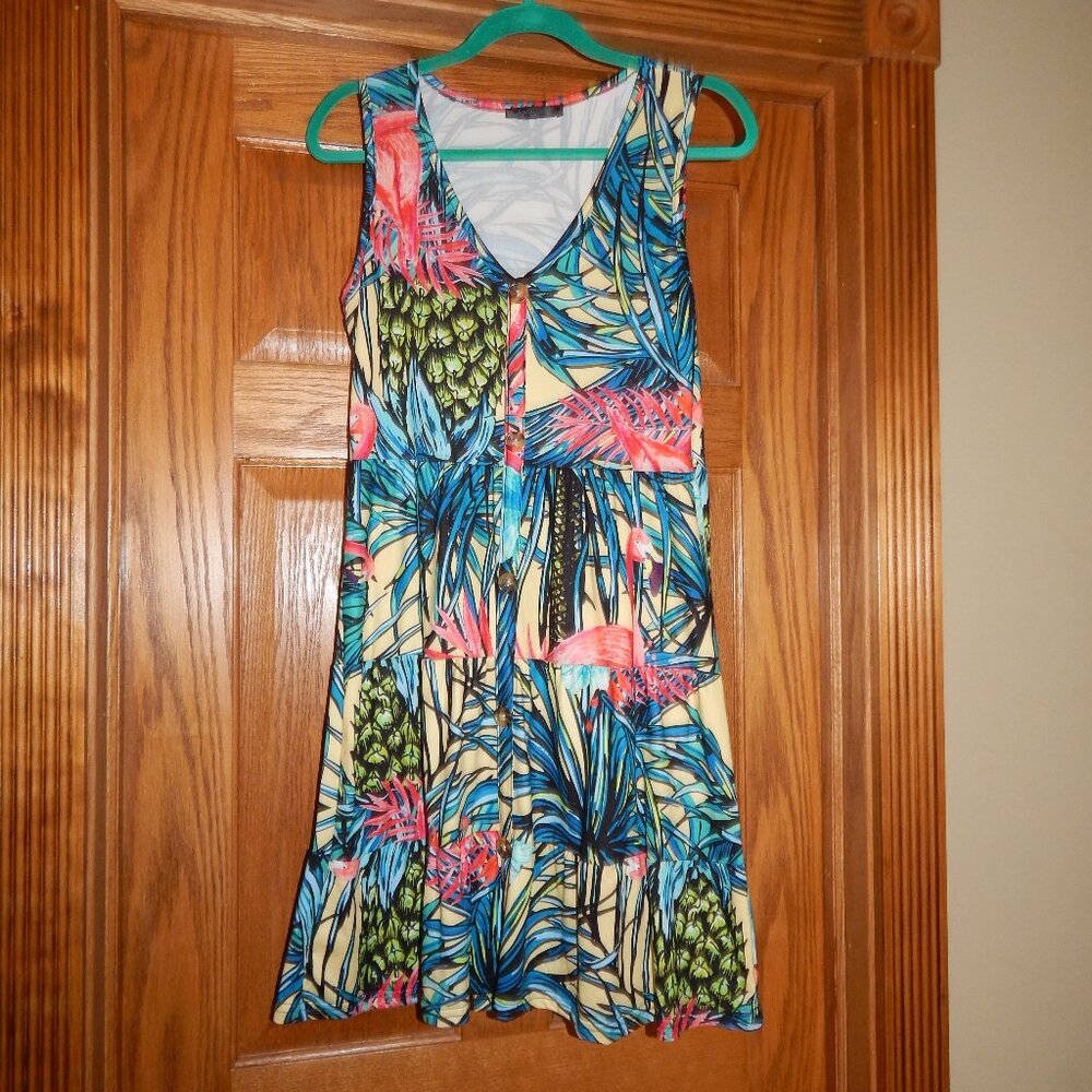 Women's Size Small Tropical Hawaiian Pineapple Print Flamingo Beach Sun Dress